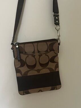 Vintage Y2K Coach Signature Stripe Brown Jacquard+Chocolate Leather Crossbody